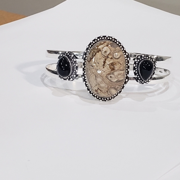 Chalcedony bracelet, 925 silver rock chalcedony black onyx adjustable bangle - Picture 2 of 15